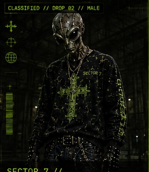 Sector 7 male alien model wearing distressed signal cross long sleeve tee